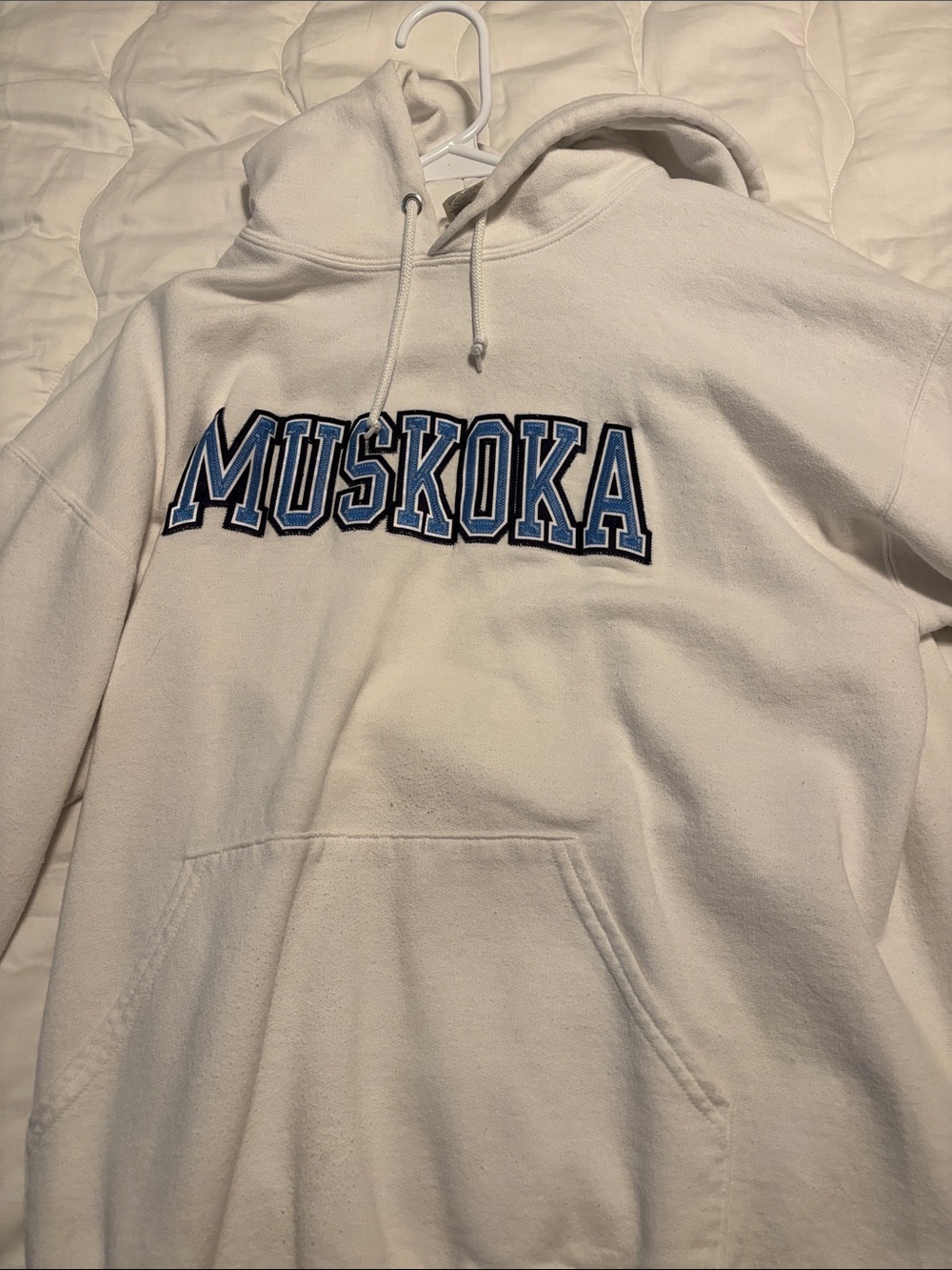 Muskoka White Crewneck Sweatshirt with Blue Lettering